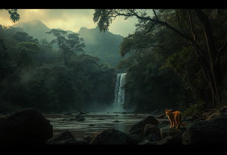 professional photography, perfect quality, 16k, very detailed, highly detailed, realistic, photorealistic, scinematic, Volumetric lighting, depth of field, cinematic, vibrant, dynamic lighting, dramatic light. Atmospheric, low lighting, dark shadows, strong shadows, dramatic lighting, highly detailed, detailed shot of vast amazonian jungle, amazonas, river, huge trees, dark cold theme, foggy, late evening, rocky, hills, waterfall, small orange cat in the background,