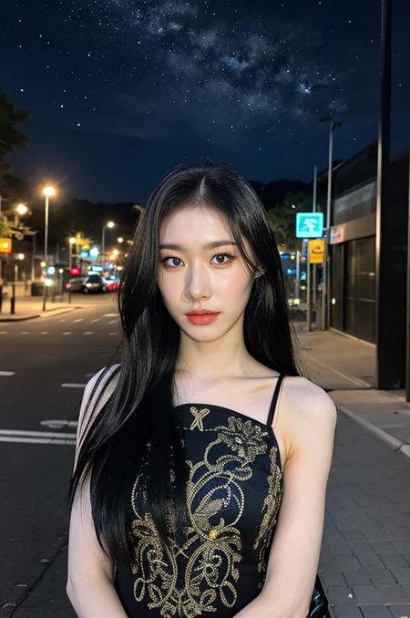 masterpiece, best quality, (((1girl))), solo, realistic, (intricate, highly detailed:1.2), ((looking at viewer)), photorealistic, (extremely detailed face), looking at viewer, ((ultra-detailed eyes and pupils)), black eyes, ultra detailed, (standing against a street at night), (night:1.5), sleeveless tight dress, <lora:chaeryeonglorashyv1_5:1>,