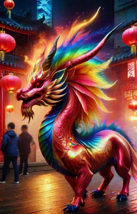 A vivid and ((ral-oilspill Qilin), midnight, in a chinese red lantern festival street with people walking around), magnificent horns, vibrant feathers, majestic and legendary, captures attention with its vibrant hues, colorful high contrast, from china, festival of rich colors, hong kong, epic colors, formidable, rain, eyes lit, standing in the dark, anamorphic lens flares 4k, best of behance, holy flame crown spell, creative commons attribution, wallpaperflare, steven jung, trending on mentalray, hyper realstic, featured on pexels, big horn, highly beautiful, casting a magic spell, color overlay, ð, pr0f3ss10n4l <lora:ral-oilspill:1> <lora:QilinSDXL:1.125> <lora:sdxl_LCM_lora_rank1:1.15>