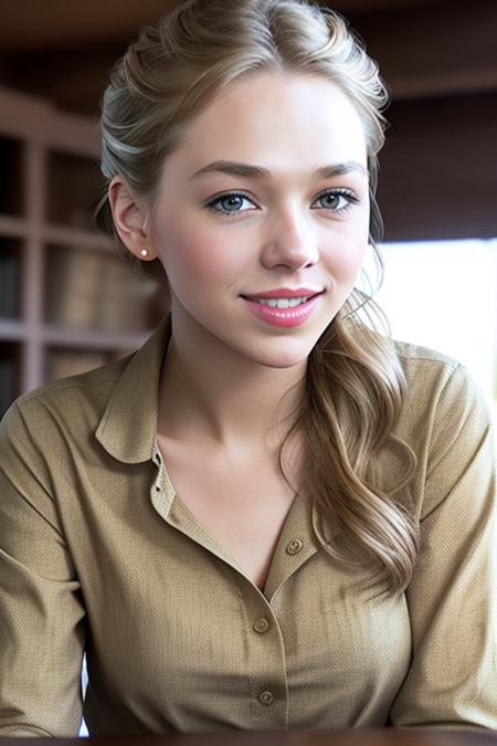 a photo of AM001_Liv_A_v2,
25 years old woman weared (long-sleeve shirt:1.2)
sitting at the table in the library, <lora:LowRA:0.3>,
soft light, golden hour, cheerful mood, shoulder shot, close up, 
4k textures, natural skin texture, skin pores, adobe lightroom, photolab, intricate, highly detailed, sharp focus, professional photo, insane details, intricate details, hyperdetailed, hyperrealistic