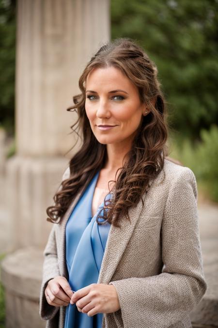 graduation costume ,  aqueduct , evening  <lora:Orla_Brady:1> masterpiece, best quality, detailed face,, 1girl, solo, a mature o1873b, brown_eyes, realistic, brown_hair, long_hair, posing,