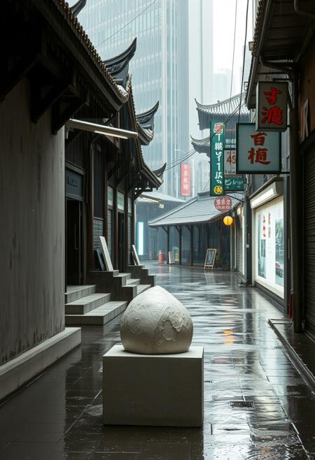 A rainy alleyway, where old wooden temples stand among neon billboards, their roofs glistening under the drizzle., minimalist conceptual sculpture, casting negative space, tangible forms from emptiness, monochromatic muted colors, focus on texture and materiality, resin plaster concrete, sense of absence, memory and passage of time, quiet contemplative presence, overlooked spaces