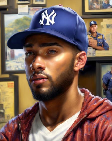 oil painting of a young man wearing a t-shirt and a yankees ballcap standing inside a police station in front of a corkboard, detailed clothes, detailed face, detailed realistic eyes, intricate background, (art by dgstyle:1.1)