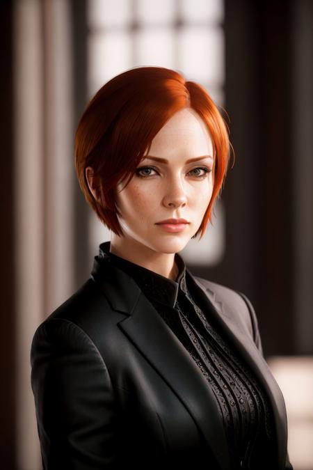 <lora:LelianaDA:0.67>, masterpiece, highest quality, RAW, analog style, A stunning portrait of a beautiful woman,  short red hair, wearing a professional black business suit, ((highly detailed skin, skin details)), sharp focus, 8k UHD, DSLR, high quality, film grain, Fujifilm XT3, frowning, intricately detailed, highly detailed, cluttered and detailed background