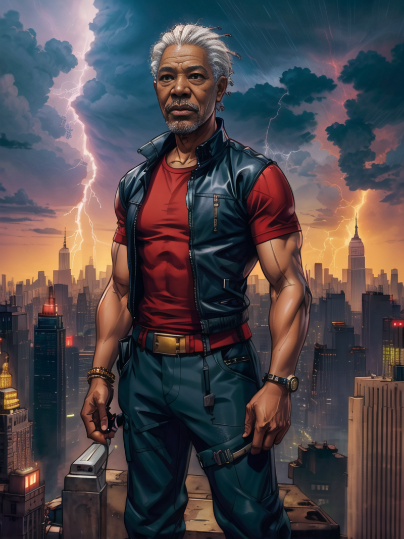Morgan Freeman is God, thunder and lightning, standing atop a the Empire State Building,