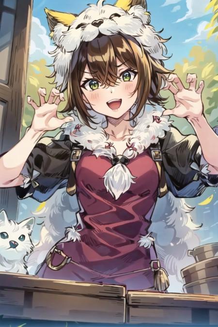 <lora:Tressa:0.8>, huntressa, 1girl, gao, claw pose, >;D, masterpiece, best quality,