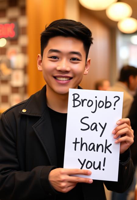 A young East Asian man is holding a sign, "Brojob? Say thank you!" He is handsome, attractive and expressively cute.