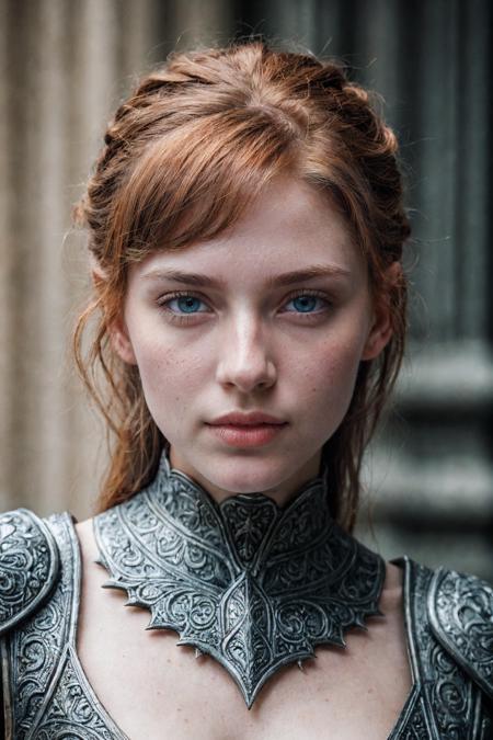 young ginger woman, (worlds most beautiful face), medieval armor, warped organic plating, fused with melted armor and twisted shapes, dark fantasy design, armor is asymmetrical and covered in sharp ridges and baroque engravings, ancient and divine aesthetic, cursed gothic plating, portrait, ultra realistic cinematic photo, natural lighting, soft shadows, shallow depth of field, high detail, sharp focus, 50mm photography, realistic skin texture, accurate anatomy, lifelike expression, natural environment, clean background, highly detailed textures in clothing, hair, and lighting