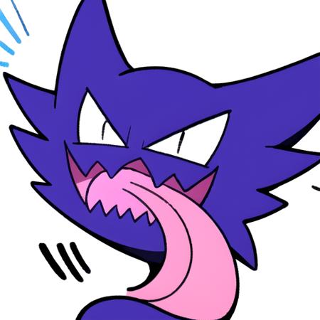 haunter, purple, shiny, solo, open mouth, no pupils, simple background, white background, tongue, tongue out, pokemon (creature), notice lines, colored tongue