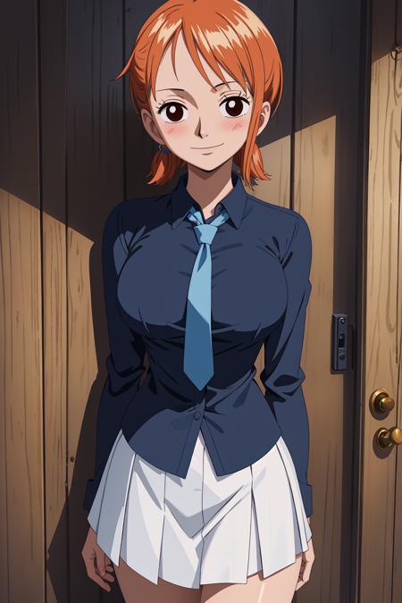 (masterpiece), nami, ((1girl, solo)), (blue shirts,necktie,white skirt:1), ((1girl)), (large breasts, wide hip:1), (blush, joyful, smile), slender, cowboyshot,  <lora:nami-24:0.8>