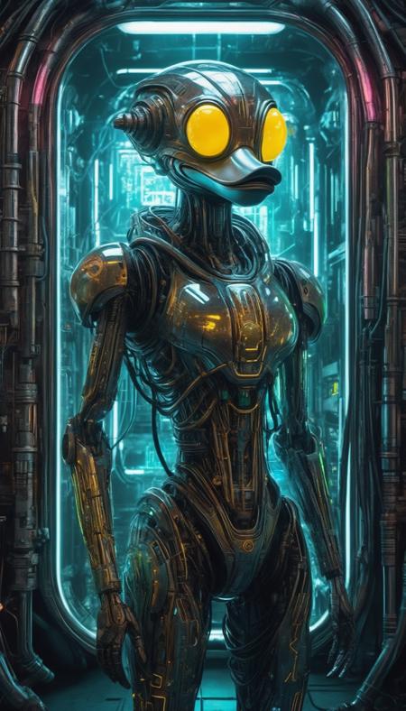 In the heart of a neon-soaked dystopian laboratory,  a cyberpunk android,  its face an eerily perfect recreation of Donald Duck's,  stands encased within a translucent tube. The eerie,  mirrored surfaces of the lab's alien machinery reflect the android's lifelike appearance. Futuristic alien hardware,  adorned with intricate circuitry and otherworldly glyphs,  hums with an otherworldly energy,  framing this uncanny fusion of human and machine.