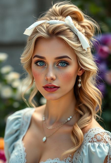 A portrait of an attractive 25 year old female, (cute round face with freckles:1.2), wavy bright blonde hair tied up with white bow, huge blue eyes, professional sexy makeup, delicate feminine jewellery, (light blue silk dress:1.2),(intricate lace detailing:1.2),(white stockings), blue heels, (beautiful garden party:0.8), (soft focus), (photorealistic), highly detailed, perfect detail, (masterpiece:1.2),