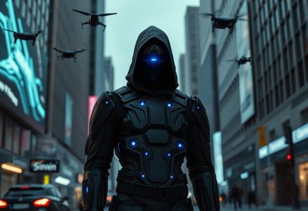 Null Node
A silent, gender-ambiguous figure clad in a jet-black full-body suit made of modular matte armor and glowing blue data nodes. Their face is obscured behind a featureless reflective mask with a single thin, blinking lens at the center, like a surveillance cyclops. Drones hover faintly around them. Standing in mid-glitch—edges fragmented like a corrupted hologram—Null Node leans in shadow against a digital billboard that flickers behind them, casting streaks of artificial light across their cloaked form in a city intersection gone silent.