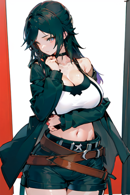 Astred, black hair, black jacket, bare shoulders, white sports bra, midriff, black shorts, belt, black legwear, thigh strap