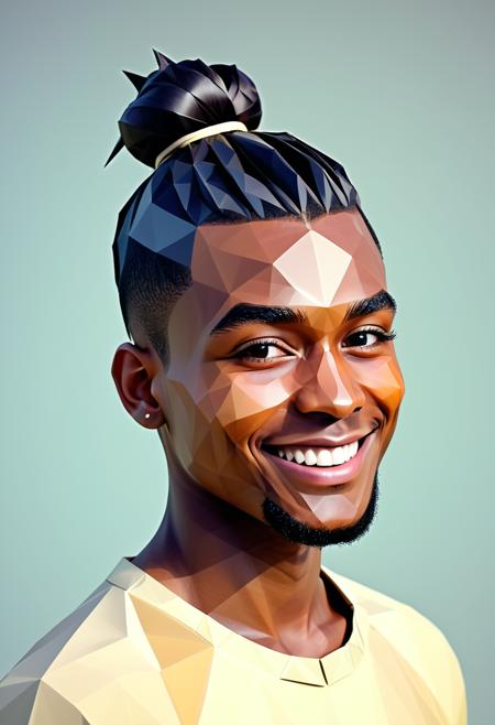 man made of polygon, hair made of polygon, clothes made of polygon, Polygonal shapes, geometric designs, three-dimensional models, ((low poly)), minimalism, straight on view, a young haitian man, fashion model, man bun (hairstyle), lopsided grin with a dimple and a mischievous glint, Close-Up Shot, (((polygon)))