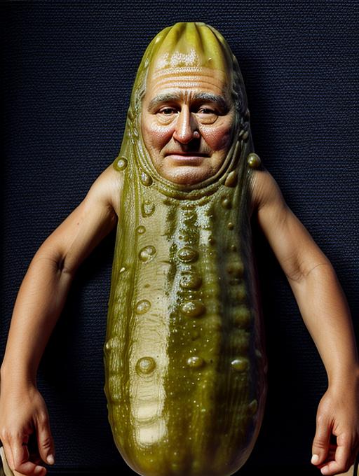 A man wearing a pickle-shaped head is standing in front of a dark background.