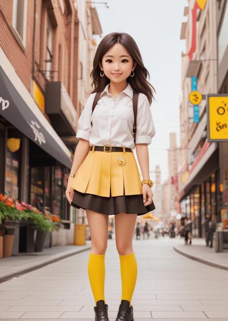 best quality, 1girl, brown eyes, standing, smile, city, (yellow legwear:0.8), daytime