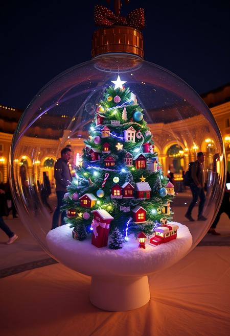 A Christmastree in a huge Christmas ball, the tree has christmas balls on it which have tiny Townes in them