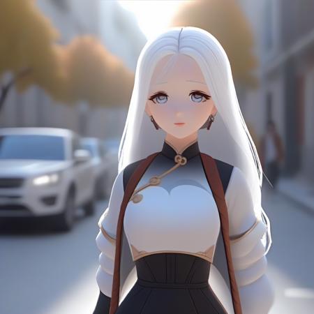 front view, a cute girl in a street, , long hair, white hair, ambient light, (detailed face, detailed body: 1.4), 3D render style <lora:Shenhe(Genshin_Impact):0.7> <lora:Vintage Anime Style:1>