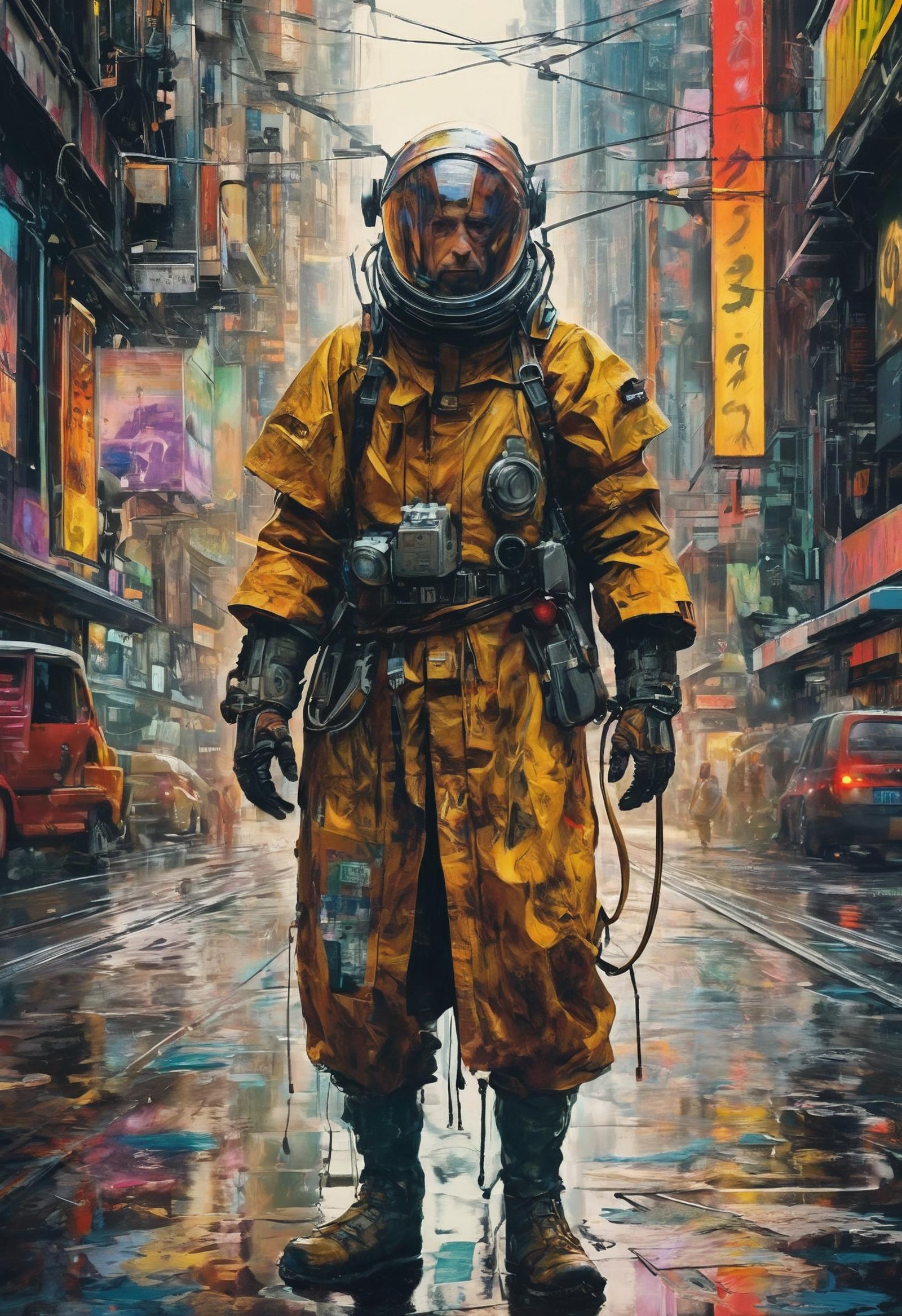 A man wearing a yellow space suit standing on a city street.