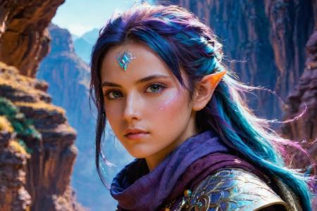 A young nomad named Elara, with eyes the color of twilight and hair woven with stardust, sets off on a perilous journey through the iridescent canyons of the Wyvern Spine Mountains.