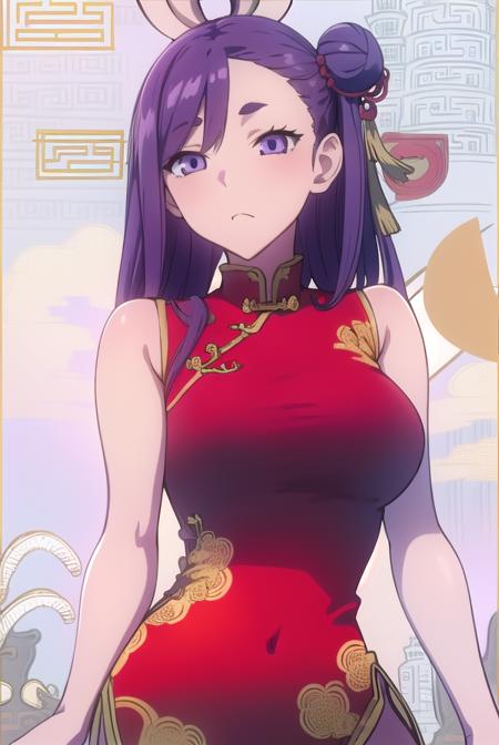 yuinitta, <lyco:yuinitta-LYCORIStest:1>,
yui nitta, long hair, hair ornament, (purple eyes:1.1), purple hair, hair bobbles, one side up, (small breast:1.2),
BREAK dress, hair bun, double bun, chinese clothes, (china dress:1.5), bun cover, waitress,
BREAK looking at viewer,
BREAK indoors, classroom,
BREAK <lora:GoodHands-vanilla:1>, (masterpiece:1.2), best quality, high resolution, unity 8k wallpaper, (illustration:0.8), (beautiful detailed eyes:1.6), extremely detailed face, perfect lighting, extremely detailed CG, (perfect hands, perfect anatomy),