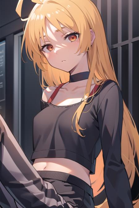 seikaijichi, <lora:seikaijichitest:1>, seika ijichi, ahoge, blonde hair, yellow hair, long hair, (red eyes:1.5), parted bangs, sidelocks,
BREAK black footwear, black shirt, choker, high heels, long sleeves, pants, shirt, striped, striped pants, vertical stripes, vertical-striped pants,
BREAK looking at viewer,
BREAK indoors, club,
BREAK <lora:GoodHands-vanilla:1>, (masterpiece:1.2), best quality, high resolution, unity 8k wallpaper, (illustration:0.8), (beautiful detailed eyes:1.6), extremely detailed face, perfect lighting, extremely detailed CG, (perfect hands, perfect anatomy),