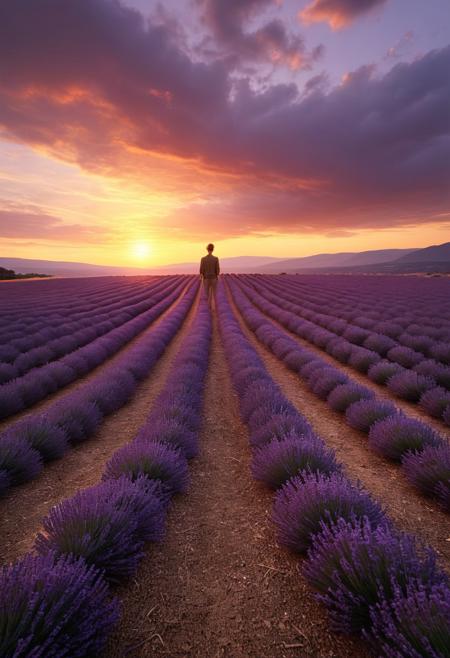 Rolling Lavender Fields at Sunset
Endless rows of blooming lavender stretch toward the horizon, bathed in the warm glow of a breathtaking sunset. Yigal Ozeri’s delicate play of light highlights the vibrant details of each lavender bloom, casting a soft, radiant glow across the fields. Juan Francisco Casas adds hyper-realistic human figures, wandering through the fragrant landscape, bringing life and interaction to the serene scene. The Hudson River School’s grand sense of scale elevates the setting, capturing the vast, rolling expanse of lavender beneath a stunning, colorful sky. The scene is both epic and intimate.
detailmaximizer, aidmaMJ6.1,  Movie Still, Film Still, Cinematic, Cinematic Shot, Cinematic Lighting, detailxl, flux-style, midjourneyv6.1