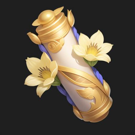 scroll (The image is a scroll made by Teng Man),Flower, pattern, streamer, beautiful creation,Ancient Roman style, fantasy,gameicon,masterpiece,best quality,ultra-detailed,masterpieces, HD Transparent background, 3, Blender cycle, Volume light, No human, objectification, fantasy  <lora:scroll:0.4>