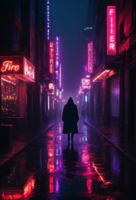 This image is a digital artwork depicting a lone figure walking down a dimly lit, neon-lit street at night. The figure is a person with long, flowing hair, wearing a dark, hooded cloak that covers most of their face, creating a mysterious and shadowy appearance. The person is walking towards the viewer, their steps reflected in the wet, glistening pavement, indicating recent rain or a misty atmosphere. 
The background is a narrow, urban street lined with buildings on either side. The buildings are dark, with few visible details due to the low light and heavy shadows. However, various neon signs and lights are visible, casting a vibrant red and pink glow that adds a surreal, almost dystopian atmosphere to the scene. One prominent sign reads "FIRE," and another reads "BAR." The street itself is wet, with puddles reflecting the neon lights and creating a reflective, almost mirror-like surface.
The overall color palette is dominated by deep reds, purples, and blacks, with the occasional blue or white highlights from the reflections. The artwork is highly detailed and uses a combination of sharp and soft lighting to create a dramatic, moody ambiance.
