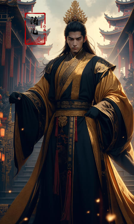 Epic CG masterpiece, A Chinese Tang dynasty emperor,by guopei Wuxia,handsome, MAX Masculinity, straight crown, golden Taoist robe, palace background, Tang dynasty, royal, dynamic poses, stunning colors, 3D rendering, surrealism, cinematic lighting effects, realism, 00 renderer, super realistic,
<lora:~Q?-vY*[Proyal:0.9>