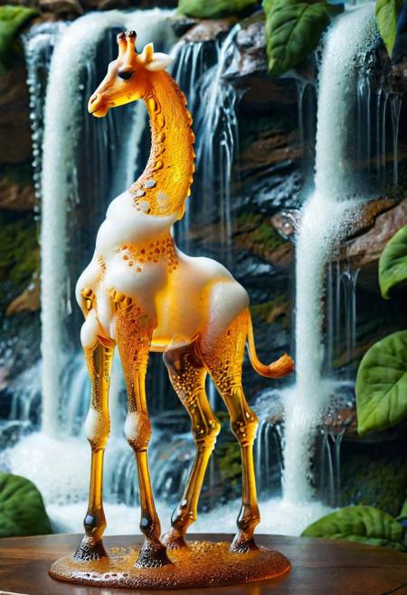 macro photo, a beautiful translucent glass giraffe that glows within, glowing lights, beautiful waterfall , made out of multicolored transparent delicate glass, magical sparkles,vibrant whimsical colors <lora:ral-beer:1> made of ral-beer