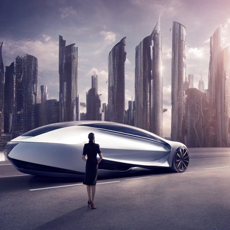 a woman standing in front of a futuristic city a car in