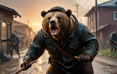 hyperdetailed photography, (foreshortening), (foreshortening), (foreshortening), (foreshortening), Dutch angle, near death experience, emotional, heavy rain, (anthropomorphic bear as Russian peasant guerilla), wearing ushanka, holding pitchfork , war cry, sunset, anamorphic bokeh, masterpiece shot by Christopher Nolan, action, 16k resolution, ultra realistic, photorealistic <lora:xl_real_beta1:0.4>  , <lora:!action-sdxl-V0.5:0.75>  , <lora:add-detail-xl:0.3>