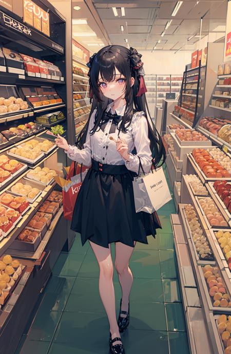 (masterpiece, best quality:1.3),

full body,small breast,

1 young girl,  jirai fashion   ,black hair, long hair, looking at viewer,
<lora:jirai:0.8>,

shop, food,shelf,