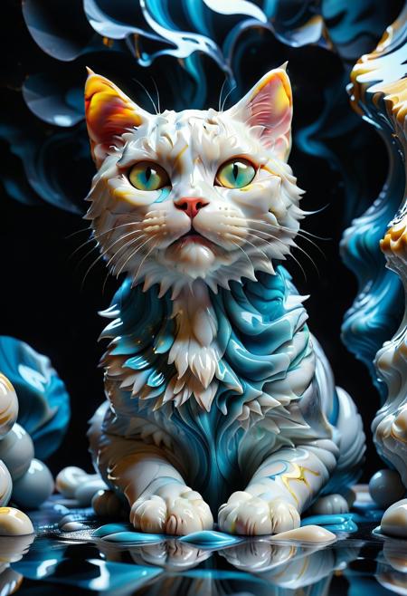 Ultrarealistic. sharp focus, dynamic lighting. play of light, Raytracing, Ultra detailed. (((Liquid Marble style))). A cat made of Liquid Marble.