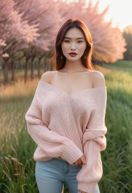 Beautiful woman in a very romantic environment, soft lighting, dreamy atmosphere, ethereal, high detail, portrait, elegant, delicate features, romantic setting, pastel colors, emotional expression, masterpiece, 8k resolution, Extremely high-resolution details, photographic, realism pushed to extreme, fine texture, incredibly lifelike, looking at viewer, solo focus, realistic, photorealistic, 35mm film, bangs, prefect face, makeup, blush, parted lips, big tits, cleavage, thin waist, off shoulder sweater, oversize sweater, (looking at viewer), field grass, maple trees, golden hour, film grain, (upper body),