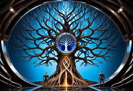 A humanoid tree-creature built of intertwined root-metal and steam-forged bark plates, resembling a gentle guardian. Glowing blue veins pulse softly across his chest. Tubes and pressure gauges grow like vines. He stands in a weightless energy cavern, quiet and empty except for organic glowing rocks. The light frames him naturally. Character-focused render, clean lines, polished design.