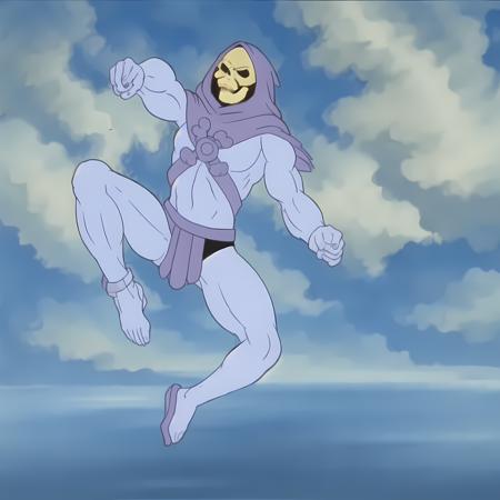 a photo of skeletor flying though the sky