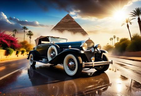 cinematic photo of 1931 Cadillac V12 370-A Convertible Coupe, magnificent three pyramids of Giza appear clearly, charm, highly detailed car, Professional lighting, full of life, Lively and energetic, 8K, rays of sun flow beyond heavy clouds, HDR, Fast & Furious movie, motion blur, moving tires, Cinematic Shot, Cinematic Lighting, amazing world, pure perfection, Need For Speed, wide angle exterior background, wet asphalt road, autumn leaves, grass, flowers, jasmine flowers, palm trees, nebula horizon.