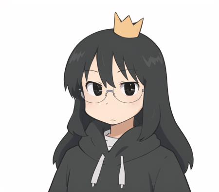 <lora:azurasuzukiv1:0.8>, ncjzzz, Azura Suzuki, 1girl, solo, (crown, black hoodie:1.2), long hair, black hair, black eyes, glasses, on the computer, <lora:nichijouStyleLora_v10768px:1.1>