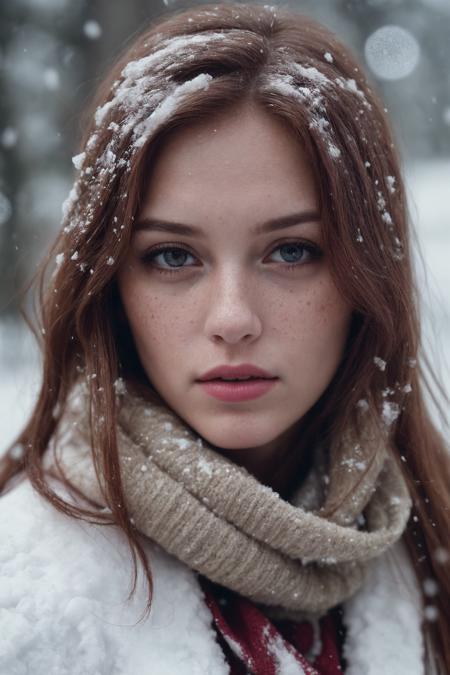 (masterpiece), (best quality), (hyper realistic:1.4),(photorealistic:1.3),(intricate details:1.35), (face behind wooly scarf:1.3), (petite redhead woman in snow,  jp-Gingerv1-275, jp-Lydia-325:1.3), green eye, freckles, face closeup, reflecting, luminescent, translucent, white smoke, light beams through smoke ,Porta 160 color, shot on ARRI ALEXA 65, bokeh, sharp focus on subject, shot by Don McCullin, cinematic soft light, <lora:detail_slider_v4:1.3> <lora:epiCRealLife:0.8> <lora:perfecteyes_v1:0.85>