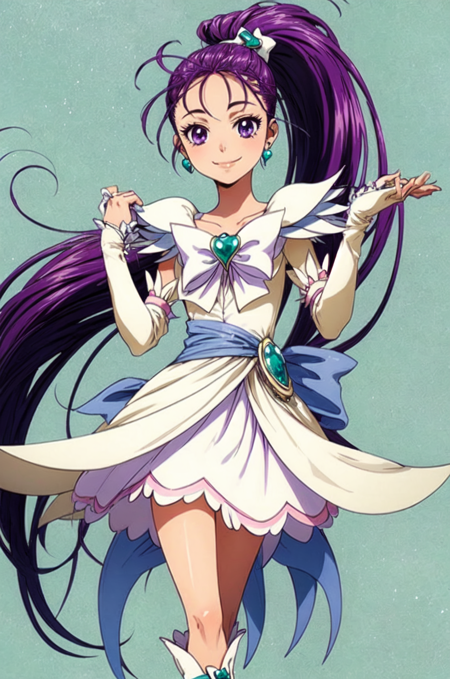 ,1girl, long hair, purple hair, jewelry, earrings, white footwear, boots, magical girl, smile, dress, purple eyes,