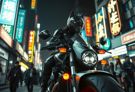 a cyberpunk robot samurai Anthro wolf woman, sleek exosuit like destiny, robot anthropomorphic wolf face with mirrored face shield, robot joints, body made of metals, cables and wires,On a futuristic sleek powerful motorcycle. she has one hand on the handle of the bike, in a cyberpunk city street, in a crowd. the viewpoint is from the ground just in front of the front wheel, as if shot from a 12mm wide angle lens. dim lighting from lots of large overhead neon signs, like drizzle make everything sleek silhouetted in the gloom.  Perfect Composition, realistic photographic image, RAW photo highest quality, perfect directional lighting, she is looking out at the people in the street around her as if hunting.