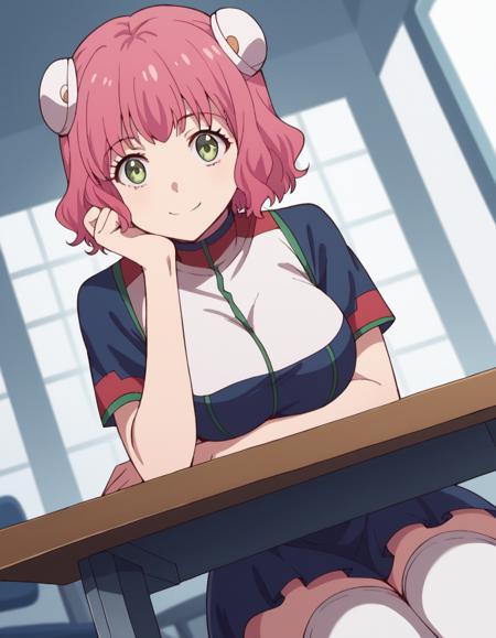 <lora:aries-spring-s1-ponyxl-lora-nochekaiser:1>, aries spring, short hair, green eyes, pink hair, hair bun, double bun, large breasts, thighhighs, dress, short sleeves, white thighhighs, zettai ryouiki,