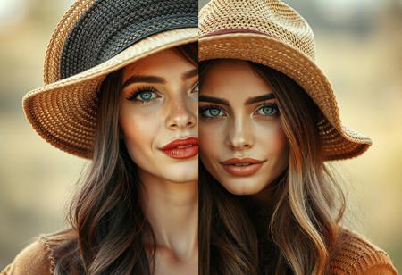same beautiful woman in different hats, screen quartered