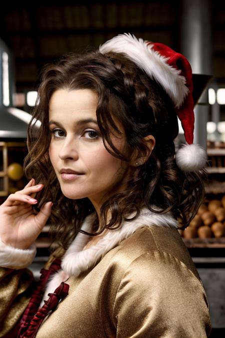 masterpiece,best quality, detailed face, santa outfit, in a chocolate factory,<lora:Helena_Bonham_Carter:1> 1girl, solo, a mature 40 year old hb1873c, brown hair, wavy,messy,up do, hair,