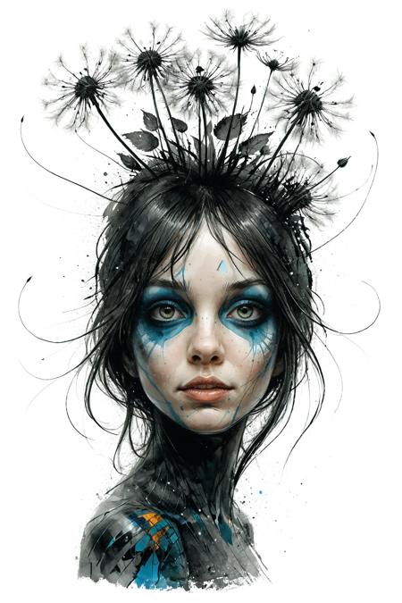 mysterious silhouette dandelion woman, by Minjae Lee, Carne Griffiths, Emily Kell, Steve McCurry, Geoffroy Thoorens, Aaron Horkey, Jordan Grimmer, Greg Rutkowski, amazing depth, double exposure, surreal, geometric patterns, intricately detailed, bokeh,  perfect balanced, deep fine borders, artistic photorealism , smooth,  great masterwork by head of prompt engineering   <lora:add-detail-xl:2>  <lora:xl_shuimo:0.7> ink wash painting <lora:Cute_Drawing:0.55>  <lora:hyperkraximalism_v1-1:0.25>