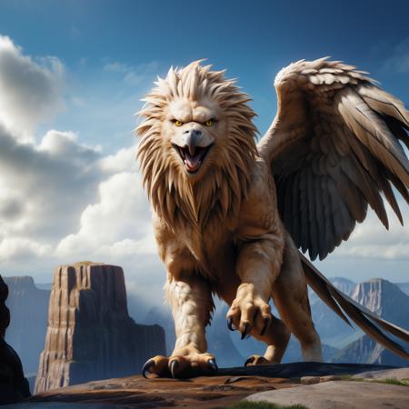 highly detailed documentary photo of griffon:1.3,

yellow eyes, beak, ((paws)), ((paw up)), open mouth, ((full body)), 8k, intricate details, depth of field, cinematic,

masterpiece, best quality:1.1, 

ultra photoreal, photorealistic:1.0, sharp focus:1.1, 
depth of field:1.1, god rays:1.4,

50mm, style of Nathan Wirth, Hasselblad X1D II, Porta 160,
