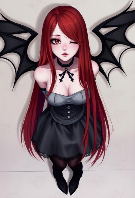 1girl, adult, pale skin, red hair, long hair, (straight hair), bare shoulders, choker, red eyes, half closed eyes, sharp facial features, black makeup, full body, gothic outfit, black stockings, heels, wall background, pale colors, looking at viewer, looking up